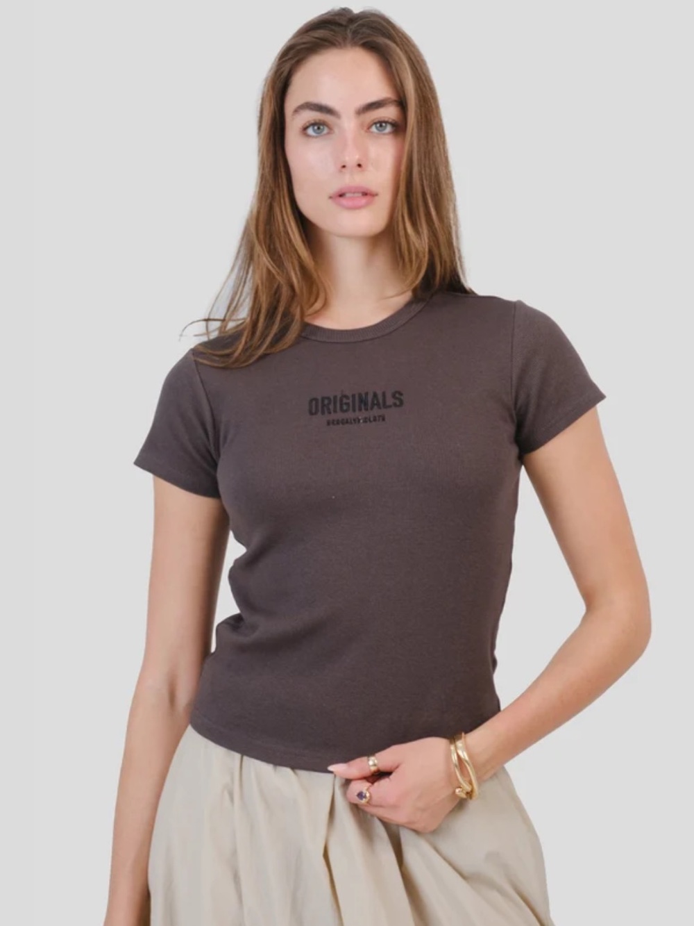 Women’s Baby Tee Originals Brooklyn Cloth Gunmetal Grey Black Logo Medium